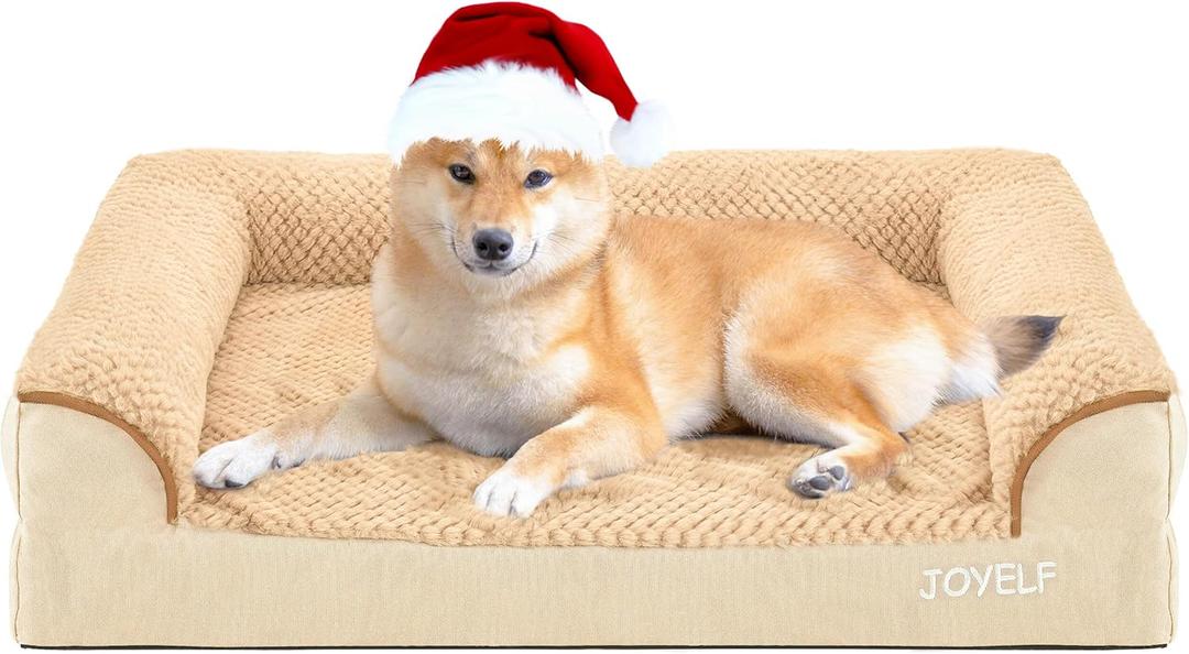 JOYELF Orthopedic Dog Bed for Medium Dogs, U-Shaped Foam Dog Bed, Durable Waterproof Bolster with Removable Washable Cover and Non Slip Bottom for Small Medium Dogs (khaki)