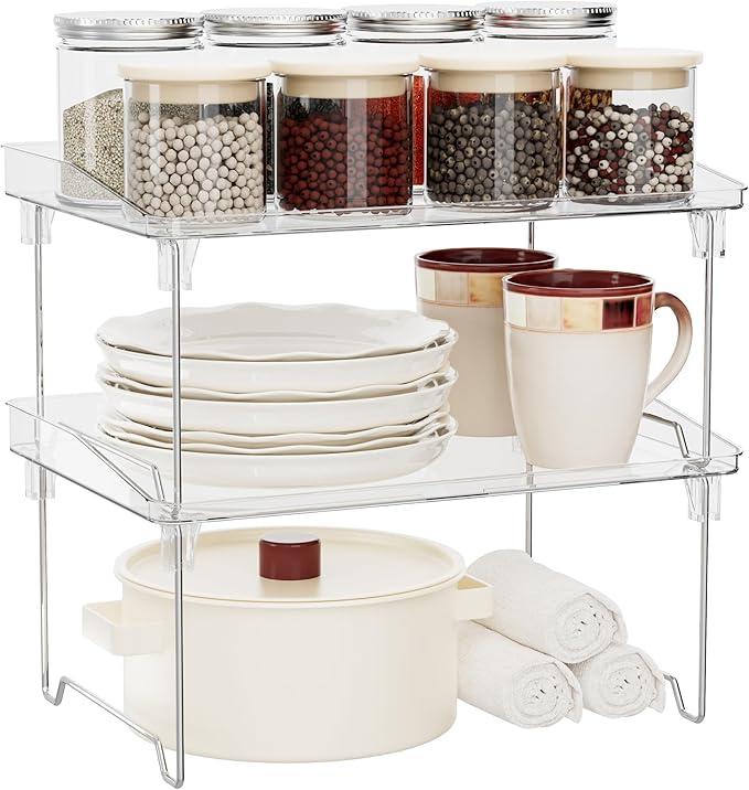 2 Pcs Cabinet Organizer Shelf，Stackable Kitchen Counter Shelves, Spice Rack,Countertop Organizers，Clear Plastic Storage Shelves Rack for Makeup，Bathroom, Cupboard，Desk，Pantry Organization