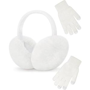 YSense Winter Earmuffs Ear Warmers for Women Fur Adjustable Foldable Ear Muffs Gloves White Earmuffs Gifts, Bone White