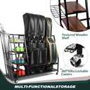 Sttoraboks Golf Bags Storage Garage Organizer, Golf Bag Rack Fits 2/3 Golf Bags and Golf Equipment Accessories, Golf Club Storage Stand with Wooden Shelf and Lockable Wheels for Garage Indoor Basement