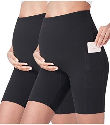 POSHDIVAH Women's Maternity Yoga Shorts Over The Belly Bump Summer Workout Running Active Short Pants with Pockets 5"/8", Small