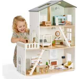 Giant bean Modern Wooden Dollhouse with Lights & 37PCS Furniture Set, Large