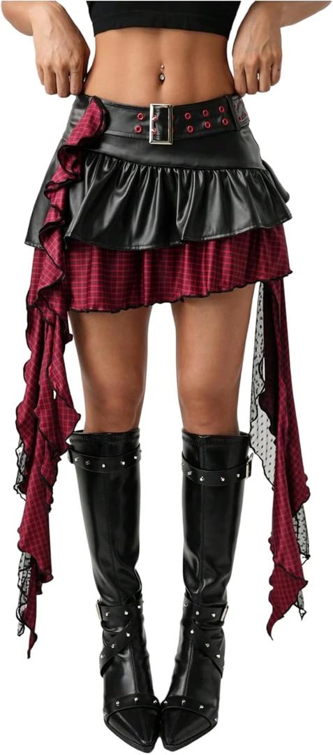 SOLY HUX Y2k Women's Faux Leather Plaid Ruffle Mini Skirt Low Waist Asymmetric Hem Outing Skirts (Black, M)