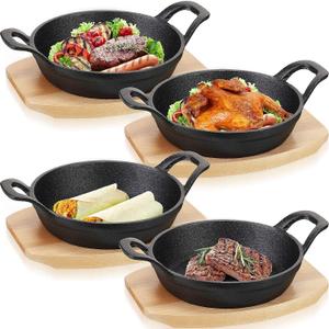 Sliner 4 Sets Mini Cast Iron Skillet Small Cast Iron Plates Skillet with Wooden Base Small Round Pan Fajita Plate Pot for Baking Cooking(7.9 Inches)