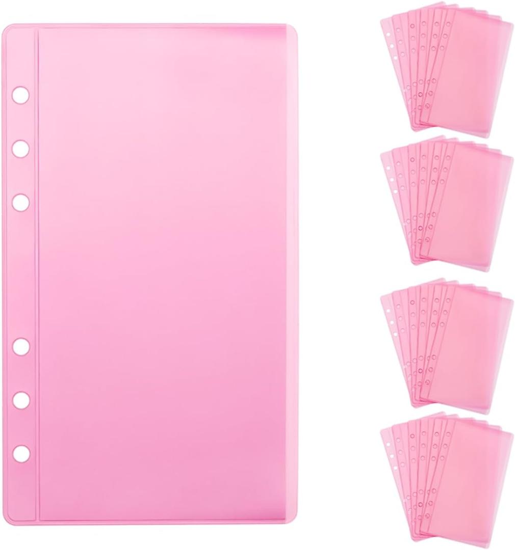 NatSumeBasics 24 A6 Cash Envelopes Zipless Pink A6 Binder Pockets 3.5" x 6" Sleeves Sheet Protector for 6 Ring Planner Inserts Organizer Photos Cards Bills (Pink)