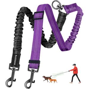 Double Dog Leash - 360Swivel Tangle Free Splitter Attachment, 2 Dogs Multi-Functional Leashes, Dual Rope for Outdoor Walk Train Small Medium Large Two Pet, Purple
