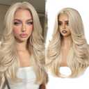 WIGER Layered Blonde Wig with Curtain Bangs Pre Cut Lace Wavy Wigs Light Yaki Glueless Synthetic Honey Blonde Mix Natural Hairline Curly Wig for Women Daily Party Costume Halloween