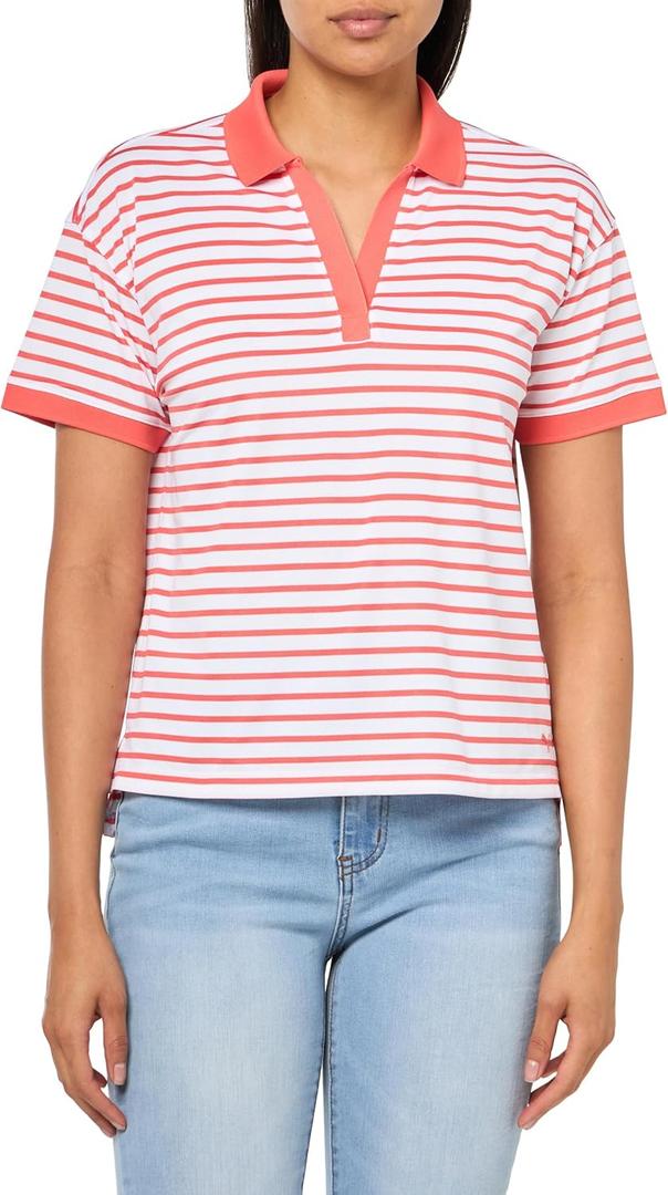 PUMA Women's Everyday Stripe Pique Polo (Large, White Glow-salmon)
