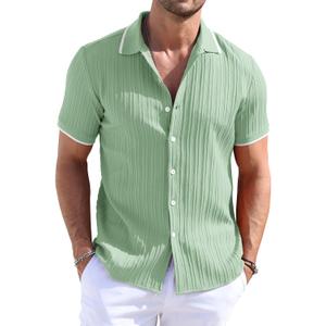 TUREFACE Short Sleeve Button Up Shirts Men's Green Textured Shirts Wrinkle-Free Fashion Summer Beach Shirts, XXL 