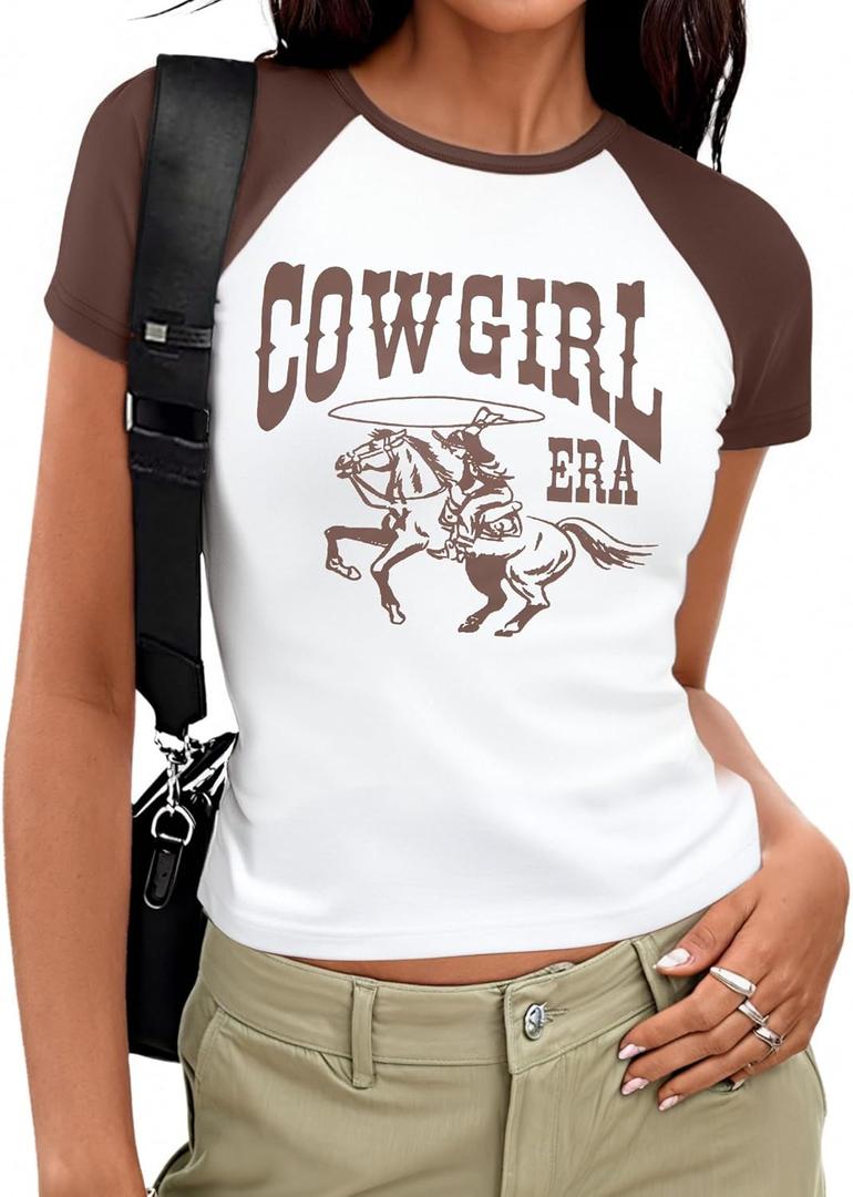 Cowgirl Shirts for Women Cowboy Country Concert Outfits Vintage Western Crop Tops Y2k Slim Fit Graphic Tees (Small)