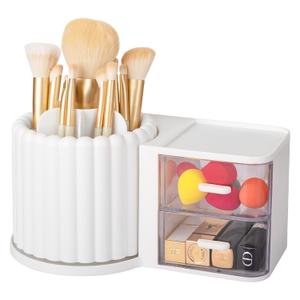 Anyoifax 360 Rotating Makeup Brush Holder 7 Slots Makeup Organizer with Drawer Removable Spinning Cosmetic Storage Pen Holder for Vanity, Dresser, Desk, White (Large)