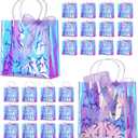 Mooliwe 24 Pcs Kpop Theme Party Gift Iridescent Pattern Bags with Ribbon Bow Popular Singer Party Favors PVC Clear Gift Goodie Bags 8 x 8 x 3.15 Inch with Handles for Purple Decoration Friendship Fans