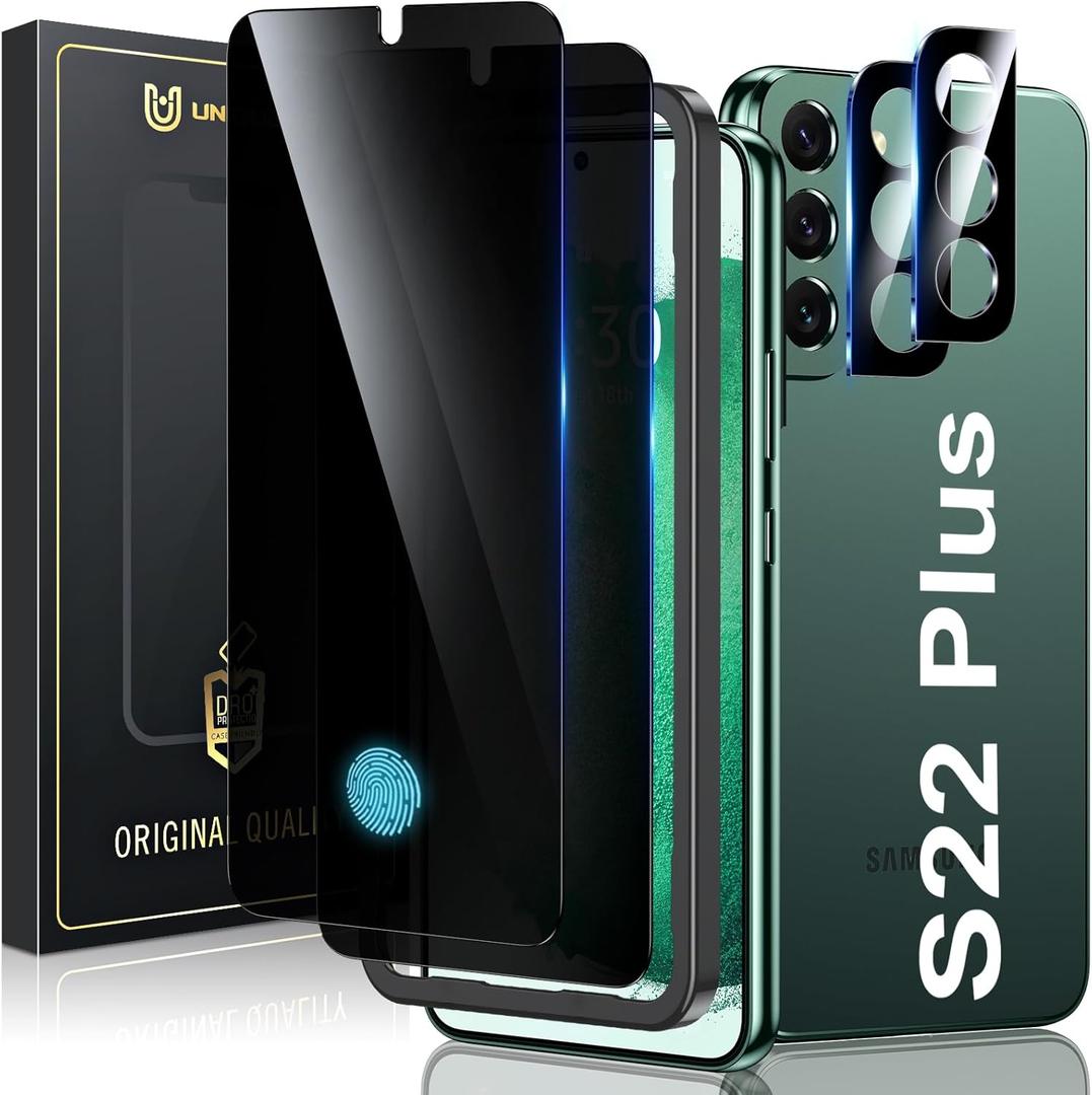 UniqueMe for Samsung Galaxy S22 Plus 6.6 inch Privacy Screen Protector,Ultrasonic Fingerprint Compatible[2+2 Pack] 9H Tempered Glass and Camera Lens Protector