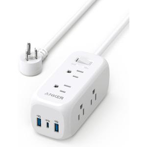Anker USB C Power Strip Surge Protector(300J), 6 Outlets, 20W Power Delivery, 3-Side Outlet Extender, 5ft Extension Cord, TUV Listed, Ideal for Desk use, Compact for Small Spaces (5 FT, White)