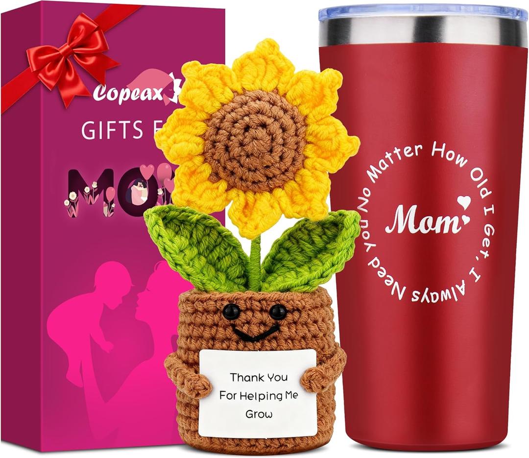 Birthday Gifts for Mom from Daughter Son,Mom Gifts Set w/Handmade Crochet Sunflower & Insulated Tumbler,Cool Women Gifts Ideas for Mothers Day,Unique Presents for Mom,Mommy,Mother in Law (Red)