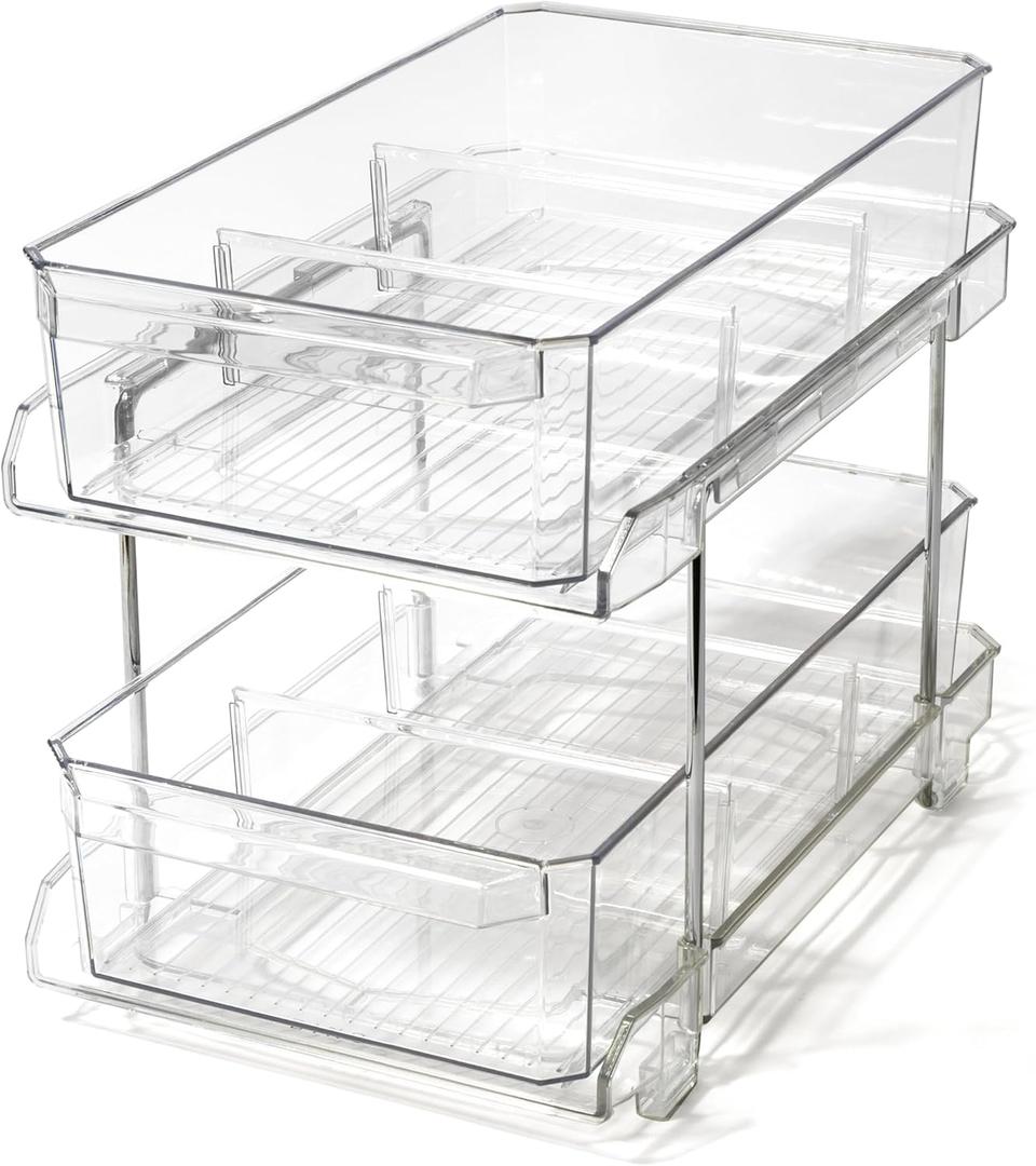 BINO 2 Tier Clear Storage Organizer with Dividers | Slide Out Drawer for Under Sink or Medicine Cabinet | Bathroom Closet, Vanity, Pantry Organizer | Under Cabinet Storage for Bathroom and Kitchen