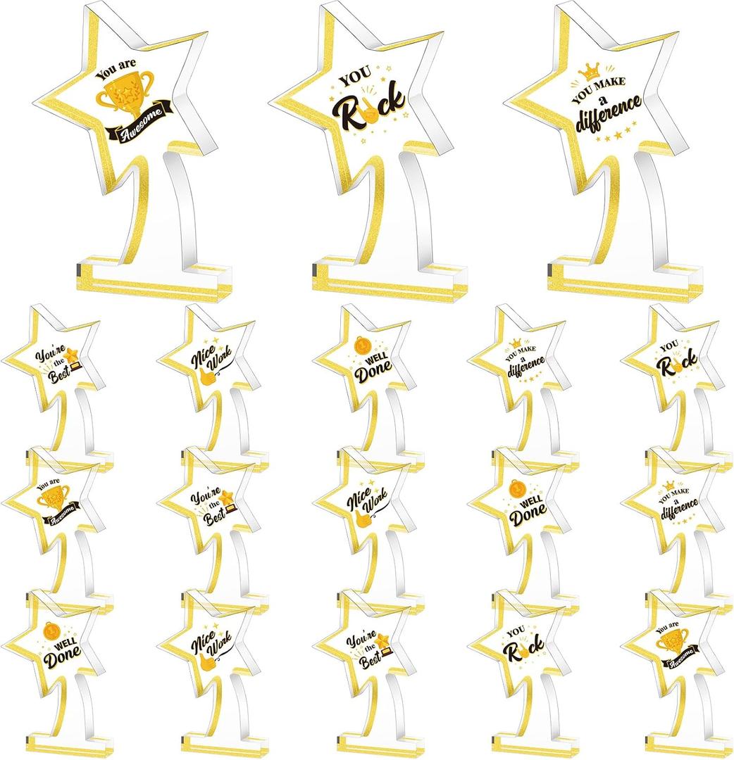 Treela 18 Pcs Employee Appreciation Awards Gifts Bulk Small Acrylic Trophies Mini Thank You Plaque Gifts for Recognition Adults Students Classroom Office Graduation Decoration(Gold,Tree)