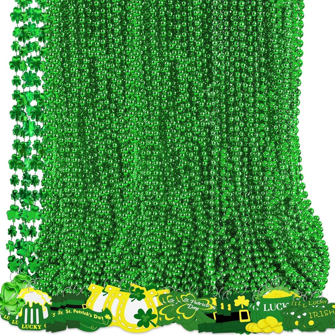 Moon Boat 72PCS St. Patrick's Day Clover Necklaces Green Beads Shamrock Party Supplies Irish Decorations Accessories
