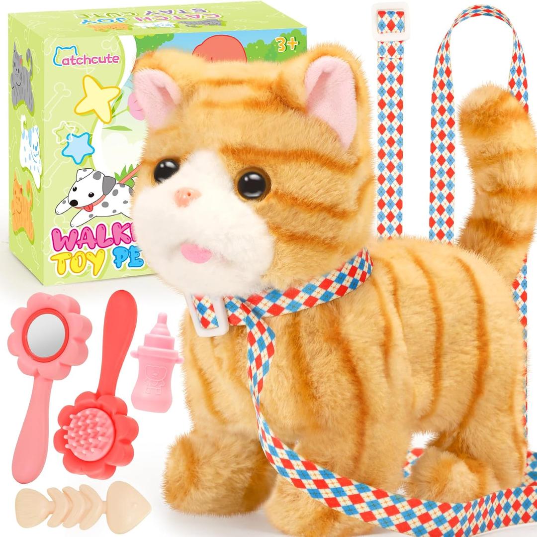CatchCute Plush Toys Cat for Kids with Leash, Interactive Electronic Kitty That Walking,Meowing, and Tail Wagging, Stuffed Cat Christmas Birthday Gift for Boys and Girls (Yellow)