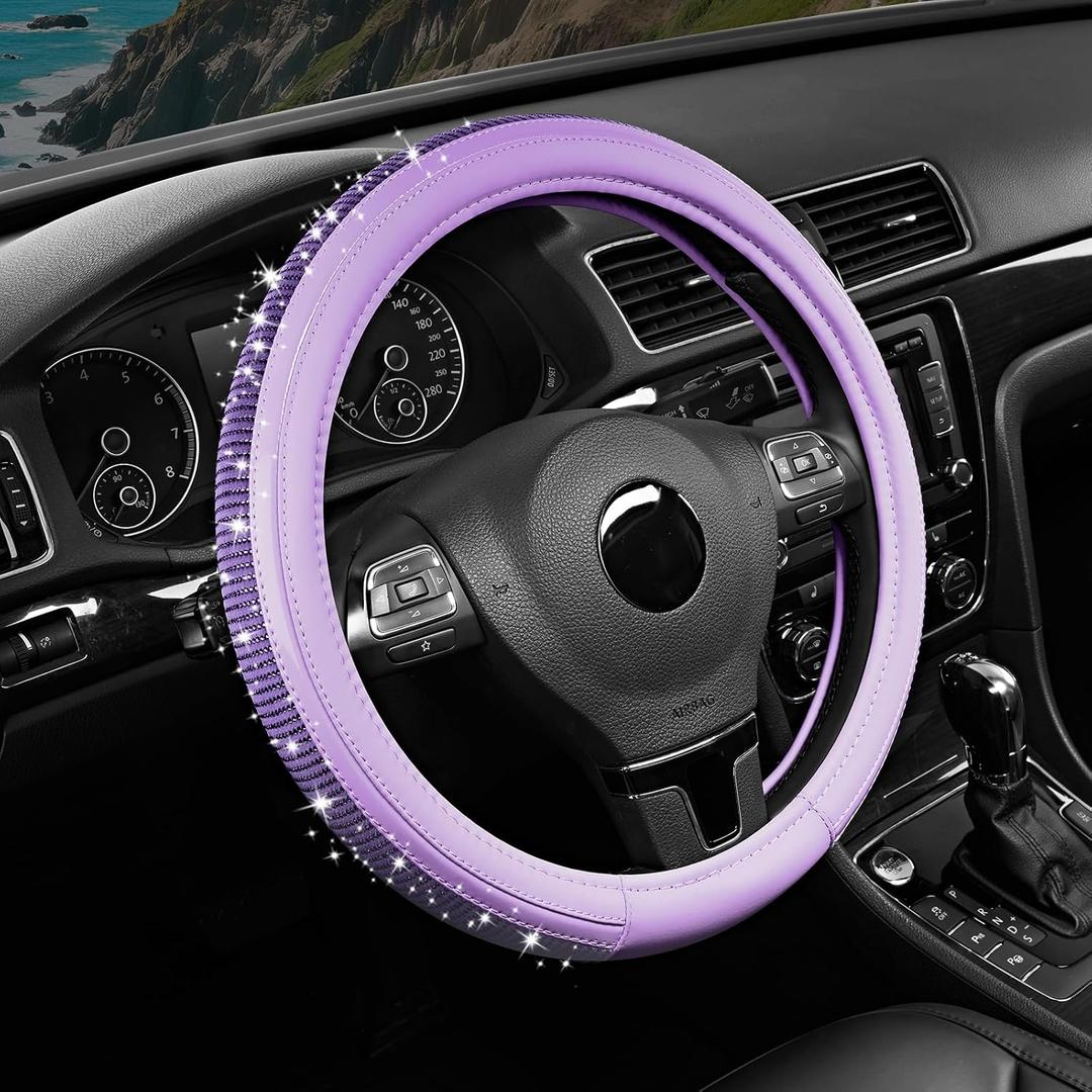 Road Comforts Bling Steering Wheel Cover Purple Diamond Design, Universal Fit 14.5-15 Inch, Microfiber Leather, Anti-Slip & Breathable Design for Men and Women