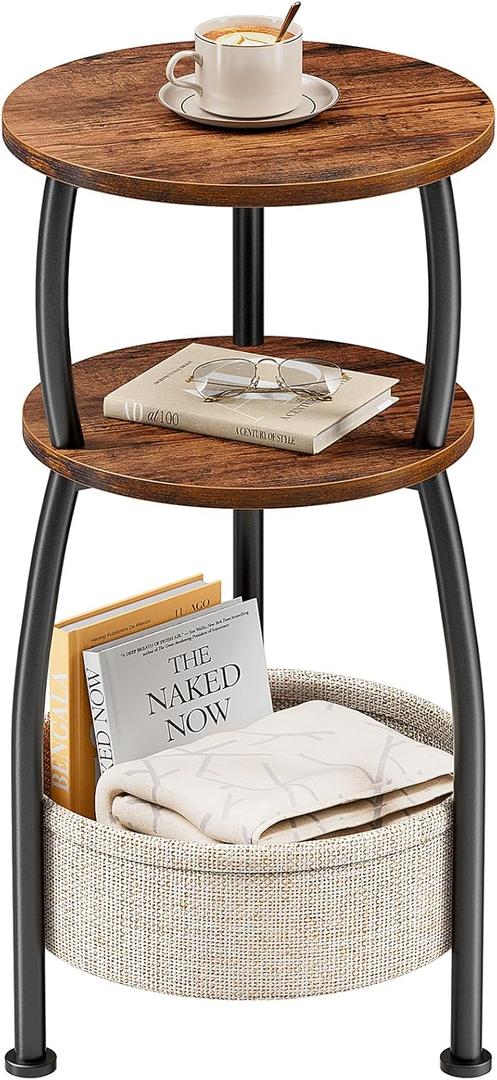 Small Side Table for Small Spaces with Storage Basket, Round End Table 3-Tier NightStand Sofa Corner Table for Living Room, Bedroom, Patio and More 24in Tall Rustic Brown (11.81" Dia)