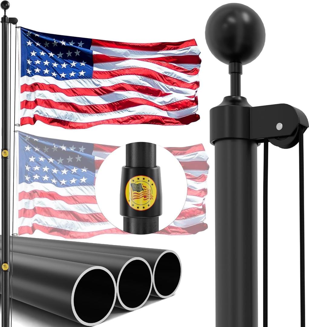 25FT Heavy Duty Flag Pole,14-Gauge Aluminum,Resist Strong Wind Reinforcement Ring Patent,Sectional Black Residential Flagpole Complete Kit - USA Flag,Black Ball, Aluminum Clips