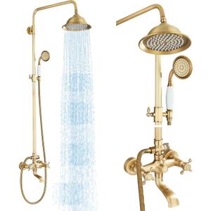 Antique Brass Shower System Bathroom Shower Faucet Set with 8 Inch Shower Head Handheld Spray and 360 ° Rotation Tub Spout 2 Cross Handles Outdoor Shower Fixtures