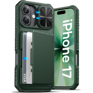 ATATOO for iPhone 17 Case, Built-in Card Holder (Store 3-5 Cards) [RFID] & Sliding Camera Cover, Military Grade Protection, Heavy Duty Sturdy Durable Wallet Cover Case for iPhone 17 6.3" 2025, Green