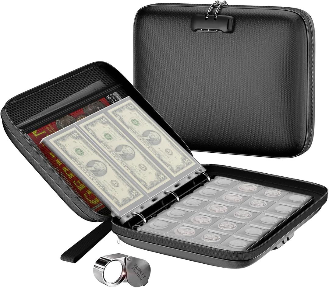 Coin Collection Album with Lock,350 Pockets Fireproof Hard Coin Collection Book&36 Sleeves Currency Collection Binder Storage for up to 45mm Coins(Quarter),Bill,Stamp,Postcard-Black