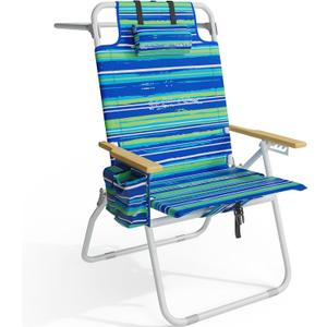 Tall Beach Chairs for Adults, 17" High Backpack Beach Chair with Wooden Armrests, 5 Positions Reclining Heavy Duty Chair with Large Cooler Pouch, Support to 350LBS Striped Blue&Green,1pack