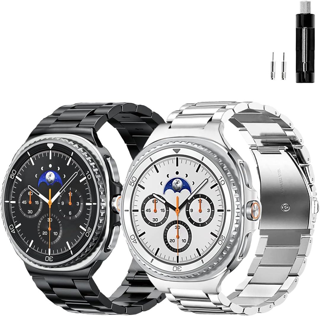 GOLDTOLUCK No Gap Stainless Steel Band Compatible with Samsung Galaxy Watch 8 7 6 5 4 Classic FE Pro Ultra 40mm 44mm 46mm 43mm 47mm 45mm 42mm Replacement Men Women Milanese Metal Elegant Casual (Carbon Black&Silver)