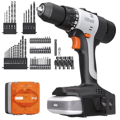 Litheli 20V Cordless Drill Driver Set, Electric Power Drill with 2 Variable Speed Settings, 1/2 Inch Keyless Chuck, 21+1 Clutch Settings with Maximum Torque of 443 In-lbs