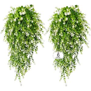 Artificial Hanging Flowers Outdoor UV Resistant Fake Plastic Plants Indoor Outside Garden Porch Window Box Home Wedding Farmhouse Festive Shrub Decor (White, 6 Bundles)