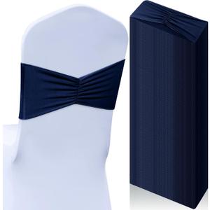 Moukeren 50 Pcs Spandex Chair Sashes Bows Stretch Chair Bands Slider Sashes Elastic Ties Ribbon Covers for Wedding Party Events Ceremony Birthday Banquet Decorations(Navy Blue)