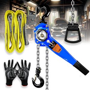 1 1/2 Ton Lever Chain Hoist w/ 2 Lift Sling Straps and Gloves - 3300LBS Chain Come Along 10Ft Lift, for Garage, Open-Air and Unpowered Operations (Blue)