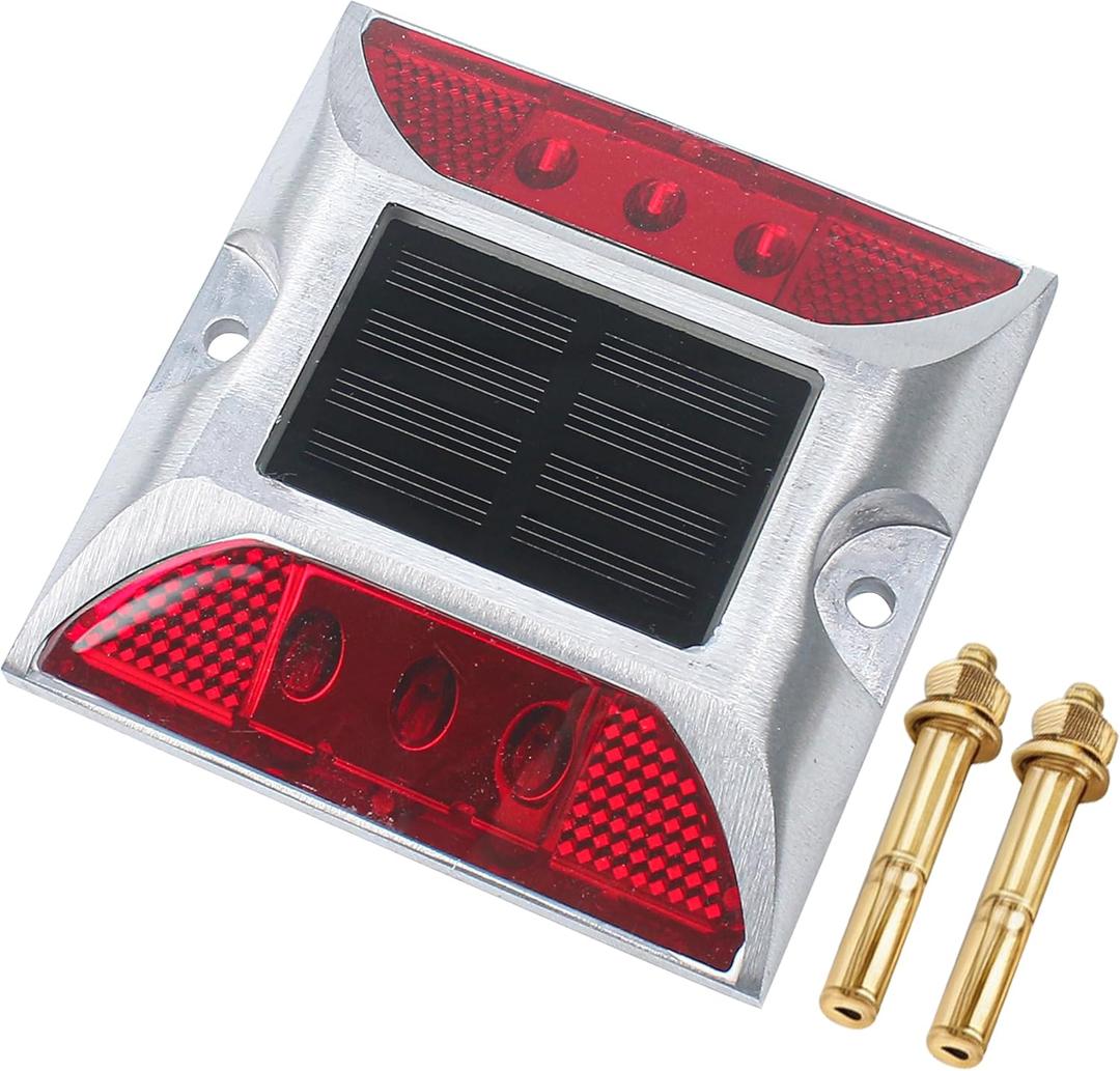 Solar Reflector Aluminum Driveway Marker Lights, 6-Led Waterproof Deck Dock Luz De Lighting Lamp for Warning Security Road Step Sidewalk Pool Patio Yard Fence Home Pathway Stairs Outdoor Garden Red