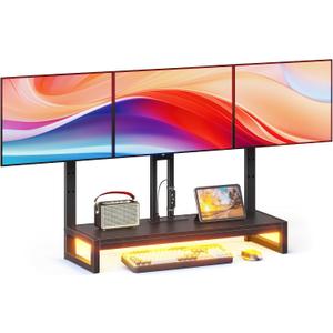YAOHUOO Monitor Arm with LED,Adjustable Desk Monitor Mount for 3 Screens, Heavy Duty Fully Stand Riser with Clamp, Storage Shelf for Office,Living Room