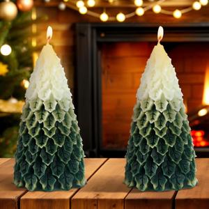 MTLEE 2 Pcs Christmas Tree Shaped Candles Large White Green Xmas Wax Scented Candles 2.5 x 5.5 inch Snow Tree Shaped Candle for Christmas Holiday Table Decoration (Gradient)