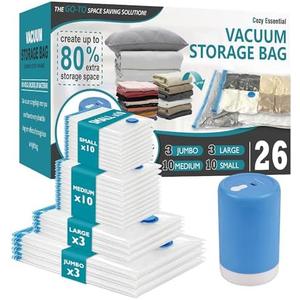 Cozy Essential 20 Pack Vacuum Storage Bags with Portable Rechargeable Wireless Electric Pump, Vacuum Seal Space Saver Bags for Clothing, Pillows, Blanket, Bedding, Comforters