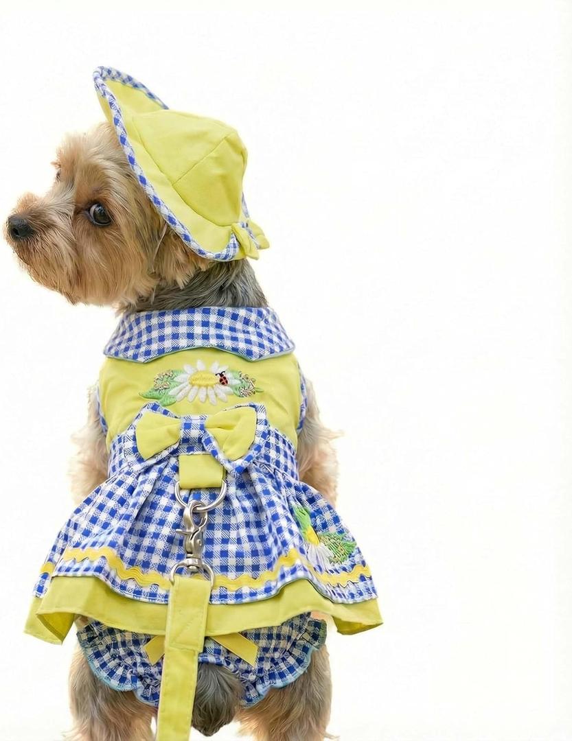 4 Packs Green Plaid Dog Dress Harness Leash and Hat Panties Set for Dogs Cats Girl,Pet Princess Dresses Cotton Spring Summer Puppy Clothes (Green, M(Bust 14.9inch|Weight 5-7lBS))
