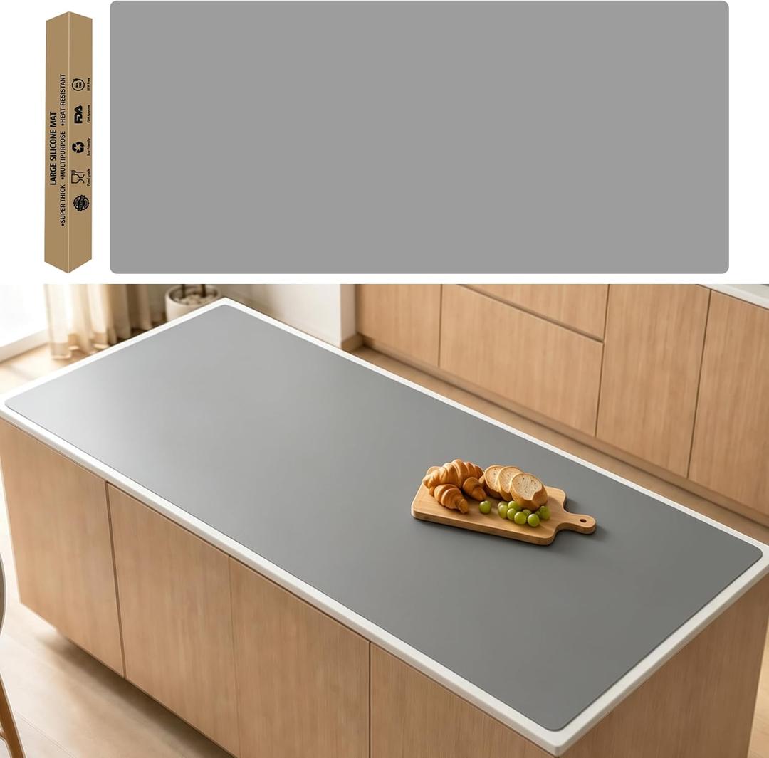 78.7"x23.6"(200cmx60cm) Large Silicone Mat for Kitchen Counter, Heat Resistant Non-Slip Countertop Protector, Waterproof Silicone Craft Mat for Kitchen Island, Light Gray
