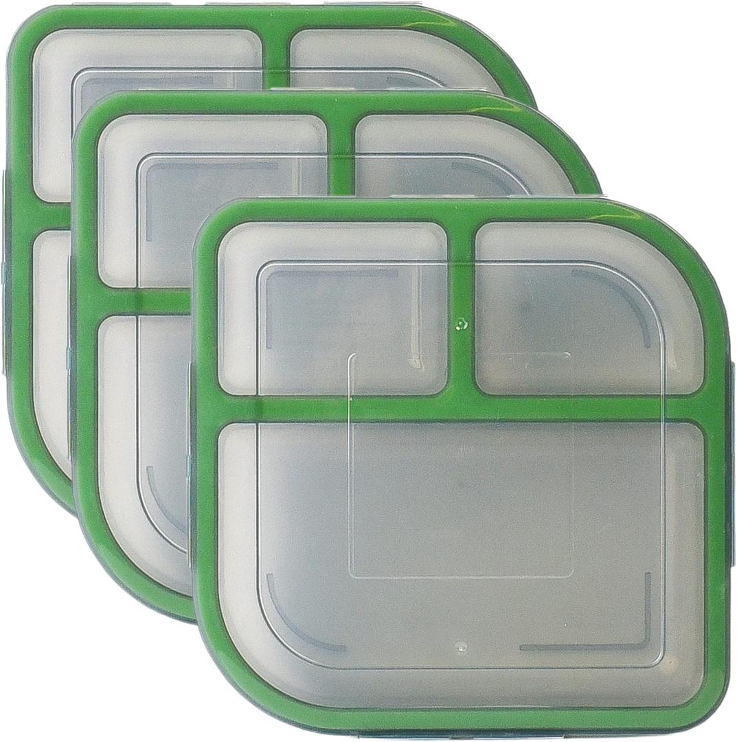 Large To-Go 3-Compartment Food Containers, Pack Of 3, 9-3/8" X 9-3/8" X 2-1/2", Reusable, Microwave Safe, NSF Certified, Smoke/Green