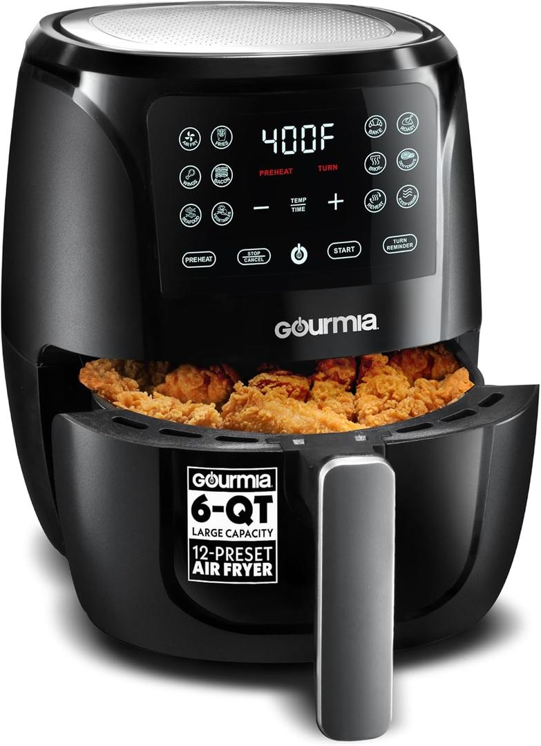 Gourmia Air Fryer - 6 Qt Large Capacity, FryForce 360, Digital Display with 12 Presets, Roast, Bake, Broil, Dehydrate, Dishwasher Safe Accessories, Black