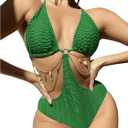 OYOANGLE Women's Chain Linked Cut Out Halter One Piece Swimsuit Tummy Control Bathing Suit (Army Green)