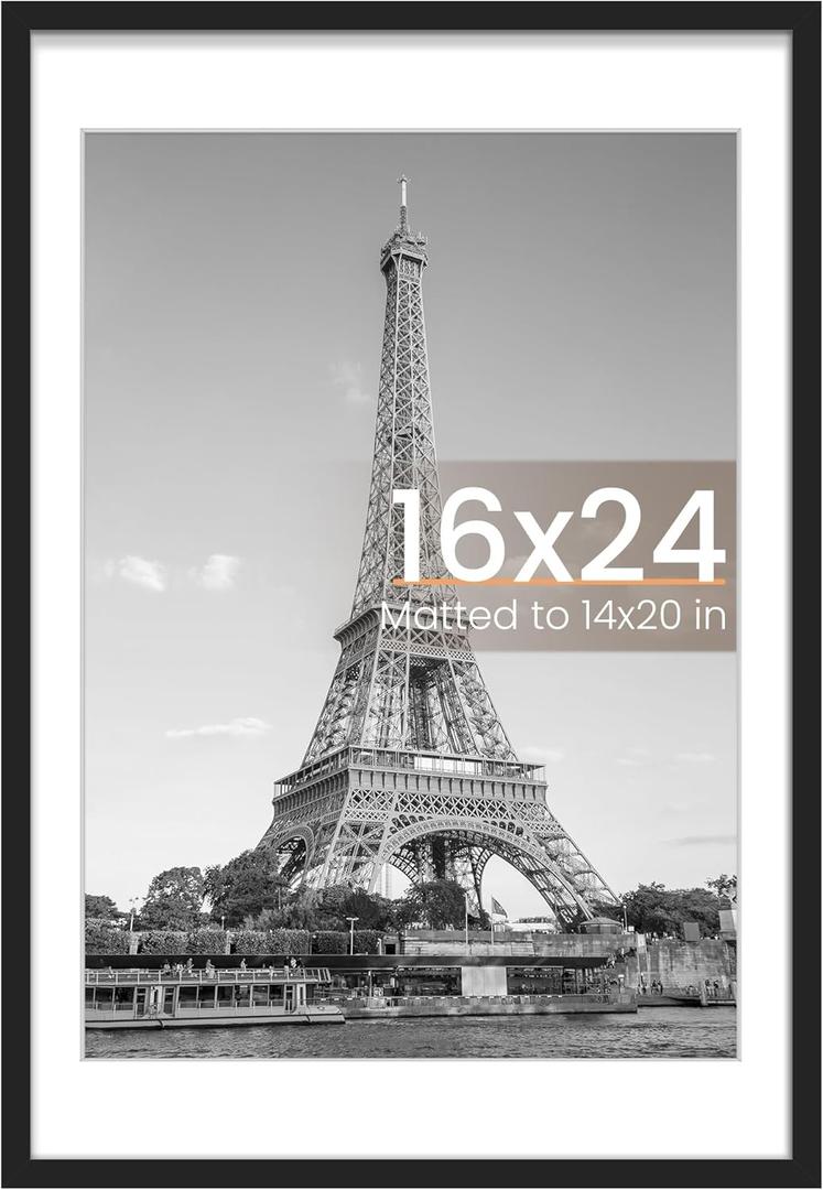 Upsimples 16x24 Picture Frame, Display Pictures 14x20 with Mat or 16 x 24 Without, Wall Hanging Poster Frames, Black, 1 Pack