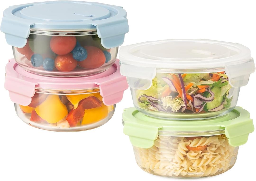 20oz Food Storage Containers with lids Set, Airtight 2.5 Cup Glass Meal Prep Containers, Heat-Resistant BPA-Free Glass Containers for Soup Leftover, Microwave, Dishwasher Freezer Safe (4 Packs) (Multicolor+Clear)