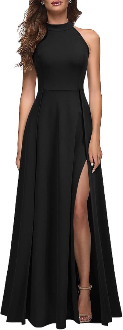 MUSHARE Women's Halter Neck Sexy Split Cocktail Party Maxi Long Formal Dress (Large, Black)