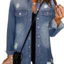 Bosmeer Women's Oversized Jean Jacket Casual Long Sleeve Denim Shirts Distressed Frayed Hem Denim Shacket, R-knight Blue, X-Large
