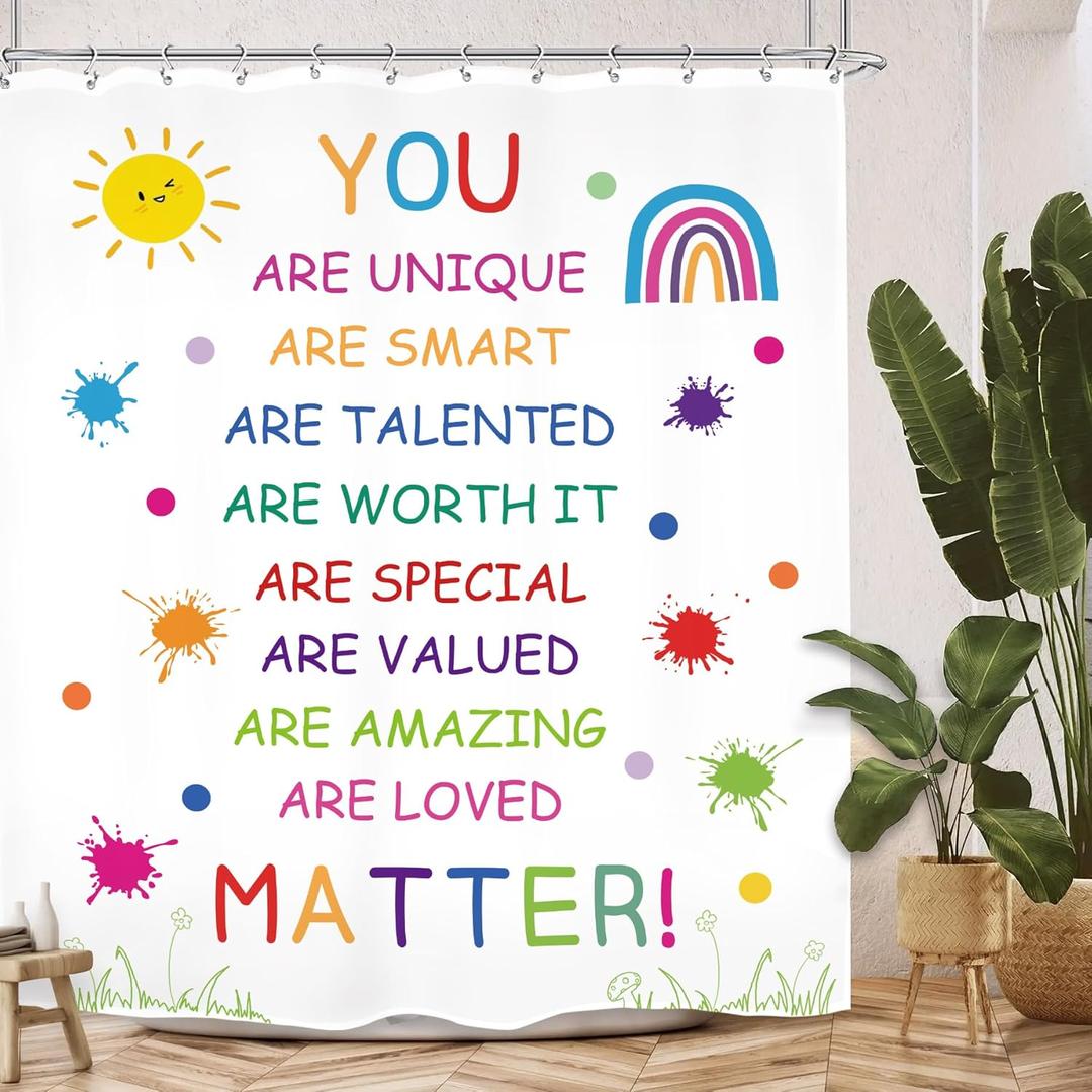 Positive Quotes Kids Shower Curtain 60Wx72L Inch Inspirational Motivational Child Nursery Colorful Bathroom Set Accessories Decor with 12 Pack Hooks