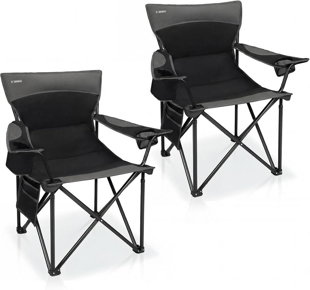 Oversized Camping Chair for Adults - 2 Pack Padded Lawn Chairs with Cup Holder & Side Pocket,Heavy Duty Folding Outdoor Chairs for Camp,Sports,Picnic,Beach,Black, 22" x 21" x 35.4"